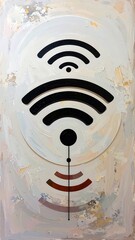 Abstract artwork featuring layered, symmetrical wireless signal icons on a textured, light beige and cream backdrop.