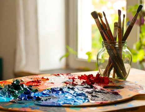 A vibrant 's palette, loaded with mixed oil paints, sits beside a glass jar of paintbrushes, bathed in natural light.