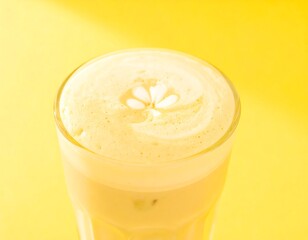 A close-up view of a creamy, light-beige beverage in a glass, featuring a delicate flower design on top of the frothy surface against a vibrant yellow background.