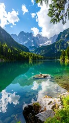 A serene mountain lake reflects a vibrant sky filled with fluffy clouds, nestled amongst lush green forests and majestic peaks.