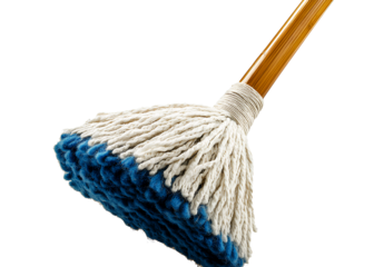  a blue and white thick fabric swirled floor mop with a metal handle on a transparent background. 