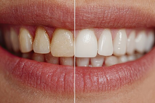 Teeth whitening before and after.  Close-up of a woman's mouth, split vertically, showing noticeably different tooth color.