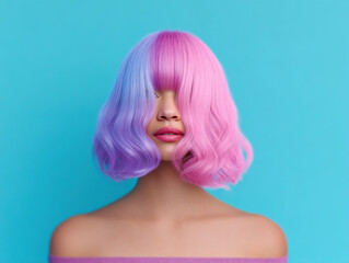 Woman with vibrant pink and purple hair, styled soft waves, stands against bright blue background, exuding bold and creative