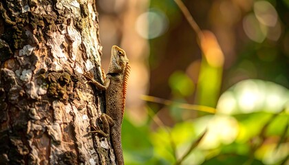 Lizard on a tree trunk in a forest