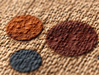 Close up of textured burlap fabric with three colorful circular patches orange, brown, and blue, creating rustic and artistic