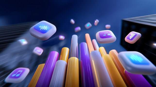 Progress bars rising like skyscrapers among floating app icons in 3D space.