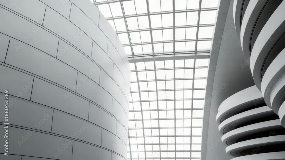 Poster modern architecture with curved walls and a gridlike glass ceiling