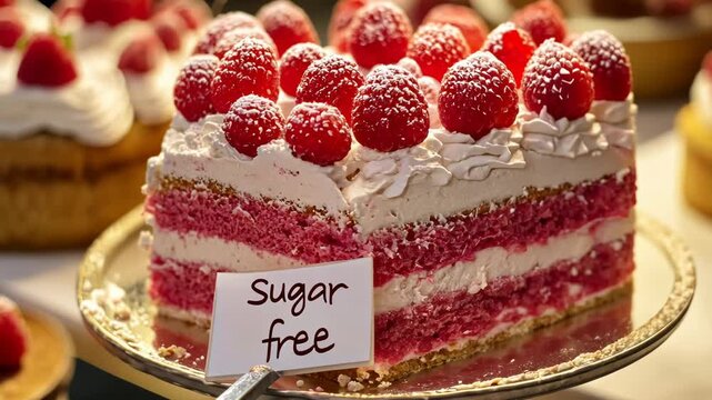 The sugar-free label on the pie with raspberries and cream