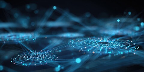 A vibrant, abstract digital representation of interconnected nodes and lines, showcasing a futuristic technological theme with luminous blue elements.