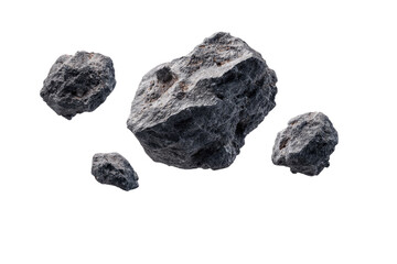 Four gray, rocky, space objects float in deep space.  Rough textures are visible on each