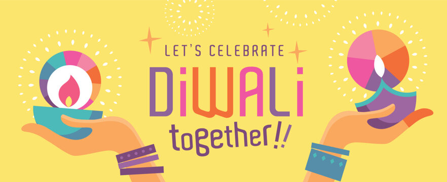 Happy Diwali Hindu festival poster with 2 Indian women's hands holding oil lamp and typography design.
 - Powered by Adobe
