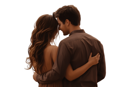  a couple in a back view, with a woman and a man embracing, on a transparent background.