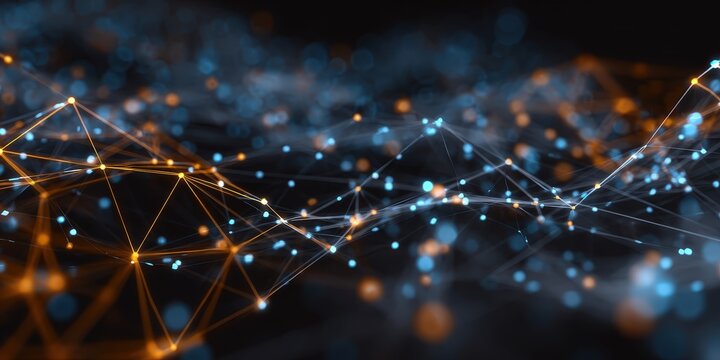 A visually striking abstract representation of interconnected nodes and lines in blue and orange, suggesting a network or data flow. - Powered by Adobe