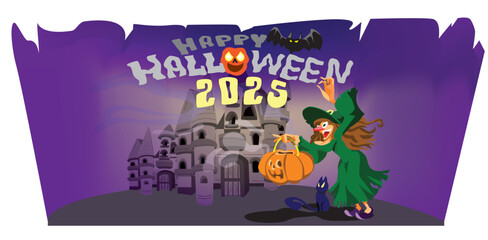 Vector cartoon of a woman in a witch costume holding a pumpkin and waving with a black cat and castle – Happy Halloween 2025