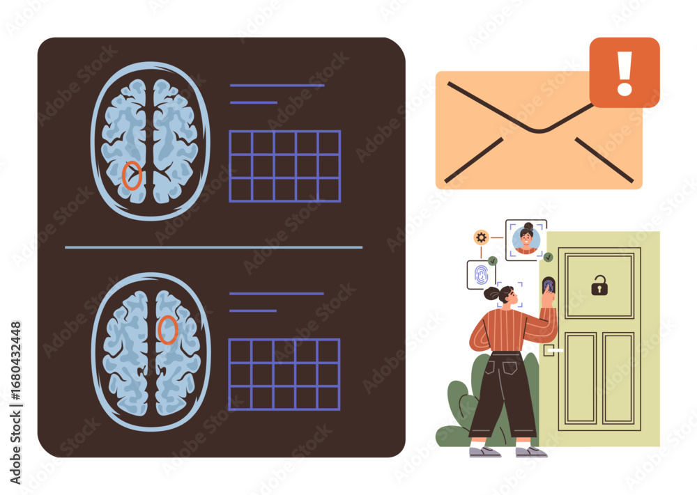 Poster brain scan images with data charts, an envelope with an alert icon, woman using a mobile app to unlo