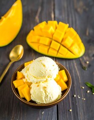 Creamy mango ice cream on a dark wooden table