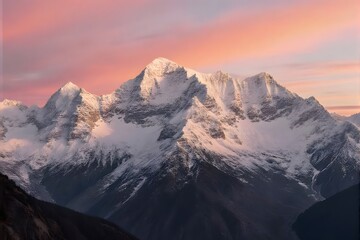 Obraz premium Majestic snow-capped peaks under a pink-hued sky.
