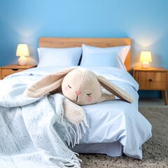 A light beige stuffed bunny rests peacefully on a light blue bed, blanketed by a soft, textured light blue throw.