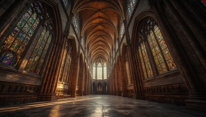 Fototapeta premium Inside St John the Baptist's Church, light pours through the historic windows, illuminating the magnificent Gothic arches, nave, and intricate religious art of the ancient interior