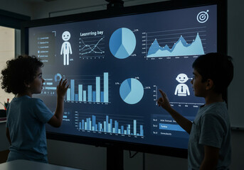 Two young boys interact with a large interactive screen displaying charts, graphs, and data visualizations in a classroom setting.