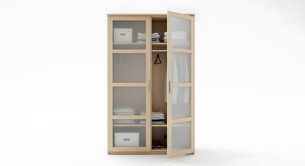 Tall narrow wooden display cabinet with glass doors and open shelves