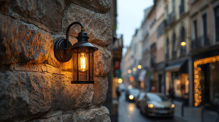 The text describes a smokey wall lamp paired with a stone wall in a city.