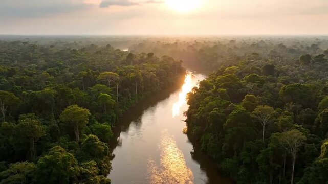 Aerial View of Amazon River Flowing Through Lush Forest.