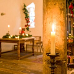 A warm, inviting Christmas interior scene, featuring a lit candle on a vintage candlestick against a pillar, with a blurry background of a festively decorated dining room.