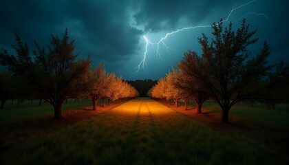 Unkempt lawn with apple trees in an abandoned orchard during a stormy night, lightning illuminating the scene, midnight.