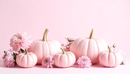 Pink pumpkins and flowers on a pink background