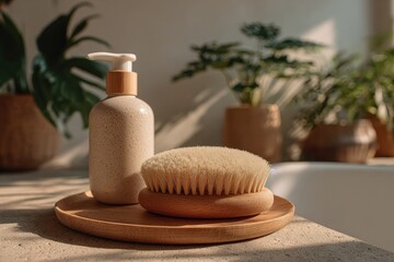 Wooden tray holds body scrub and brush, bathed in sunlight