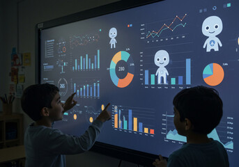 Two young boys are interacting with a large interactive screen displaying various charts, graphs, and cartoon figures. One boy points at the screen, while the other observes.