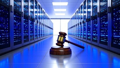 Judge's gavel in a server room, representing cybersecurity law