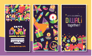 Set of happy Diwali Hindu festival posters design with colorful oil lamps, lanterns, fireworks and gift icons.
