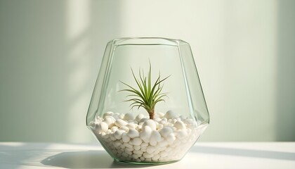 A minimalist terrarium with a single air plant suspended above white pebbles, enclosed in a geometric glass container, under a soft, ambient light.