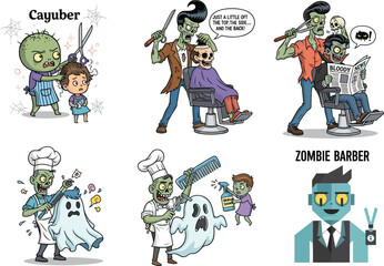 Funny zombie barbers giving haircuts to humans and ghosts, cartoon Halloween illustration with spooky salon scenes and horror humor elements