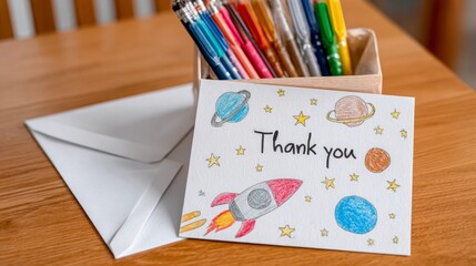 A handmade thank you card featuring a rocket and planets sits on a wooden table with markers nearby