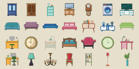 Set of Home Furniture  Icon line color vector illustration template graphic design. bundle collection of various Household Items sign or symbol for Interior Furnishings home decor concept