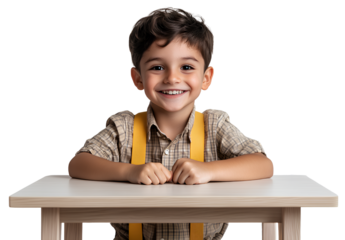 a cute little boy sitting at a desk, smiling and looking forward with his hands on top of it, against a transparent background