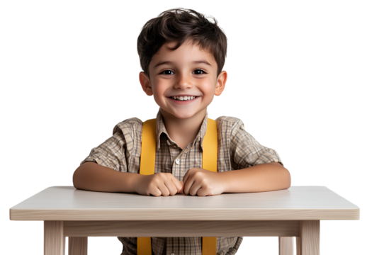 a cute little boy sitting at a desk, smiling and looking forward with his hands on top of it, against a transparent background