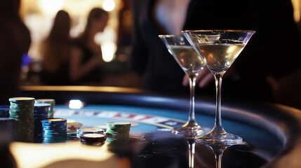 High end casino night with martini cocktails on a sleek bar top surrounded by people playing poker and roulette with soft lighting and an atmosphere of anticipation and glamour