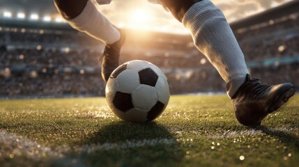 Players prepare for an intense soccer match as the sun sets, casting a warm glow over the field. Enthusiastic fans fill the stadium, creating a lively atmosphere