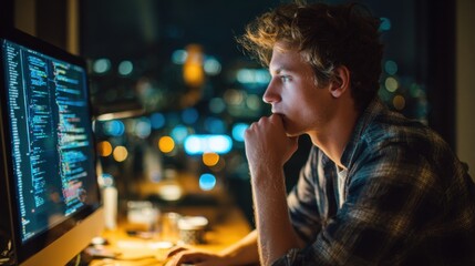 A focused young man is engaged in coding on his computer, illuminated by the screen's glow. The city skyline sparkles behind him, creating a vibrant atmosphere
