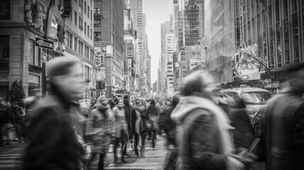 Crowds of people navigate a bustling street in Manhattan, New York, on a cloudy day. The energy of the city is palpable as individuals hurry about their daily routines