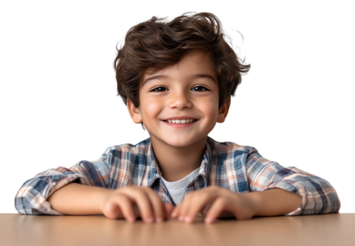  a cute little boy sitting at a desk, smiling and looking forward with his hands on top of it, against a transparent background