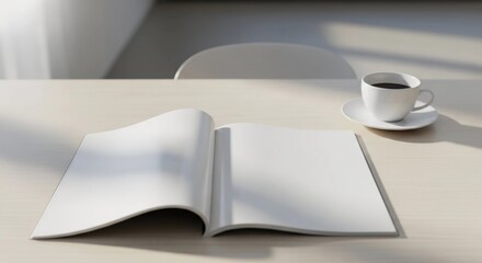 Open blank magazine mockup with coffee cup on light table and chair