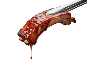 A single, perfectly grilled BBQ pork rib held by tongs, dripping glossy caramelized sauce, isolated on a transparent background with bokeh, appetizing food photography. Concept of deliciousness