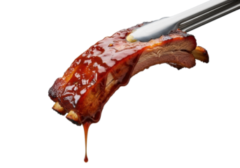 A single, perfectly grilled BBQ pork rib held by tongs, dripping glossy caramelized sauce, isolated on a transparent background with bokeh, appetizing food photography. Concept of deliciousness
