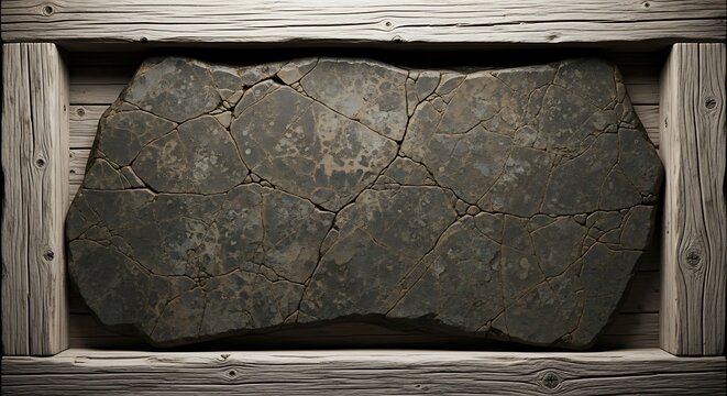 Ancient Engraved Stone Slab in Wooden Frame.