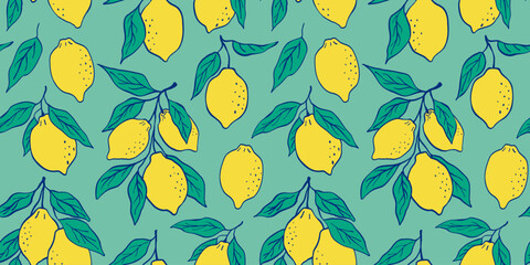 Pattern with lemons, leaves, branches. Summer fruits doodle vector illustration. Botanical background with blue print.